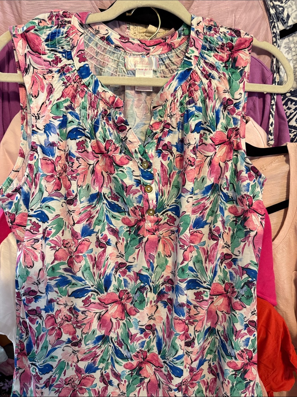 Sleeveless Floral Print Shell Top - Pink & Blue